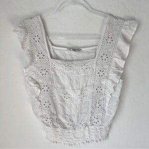American Eagle Sleeveless Romantic Ruffle Eyelet Lacey Floral White Crop Top M